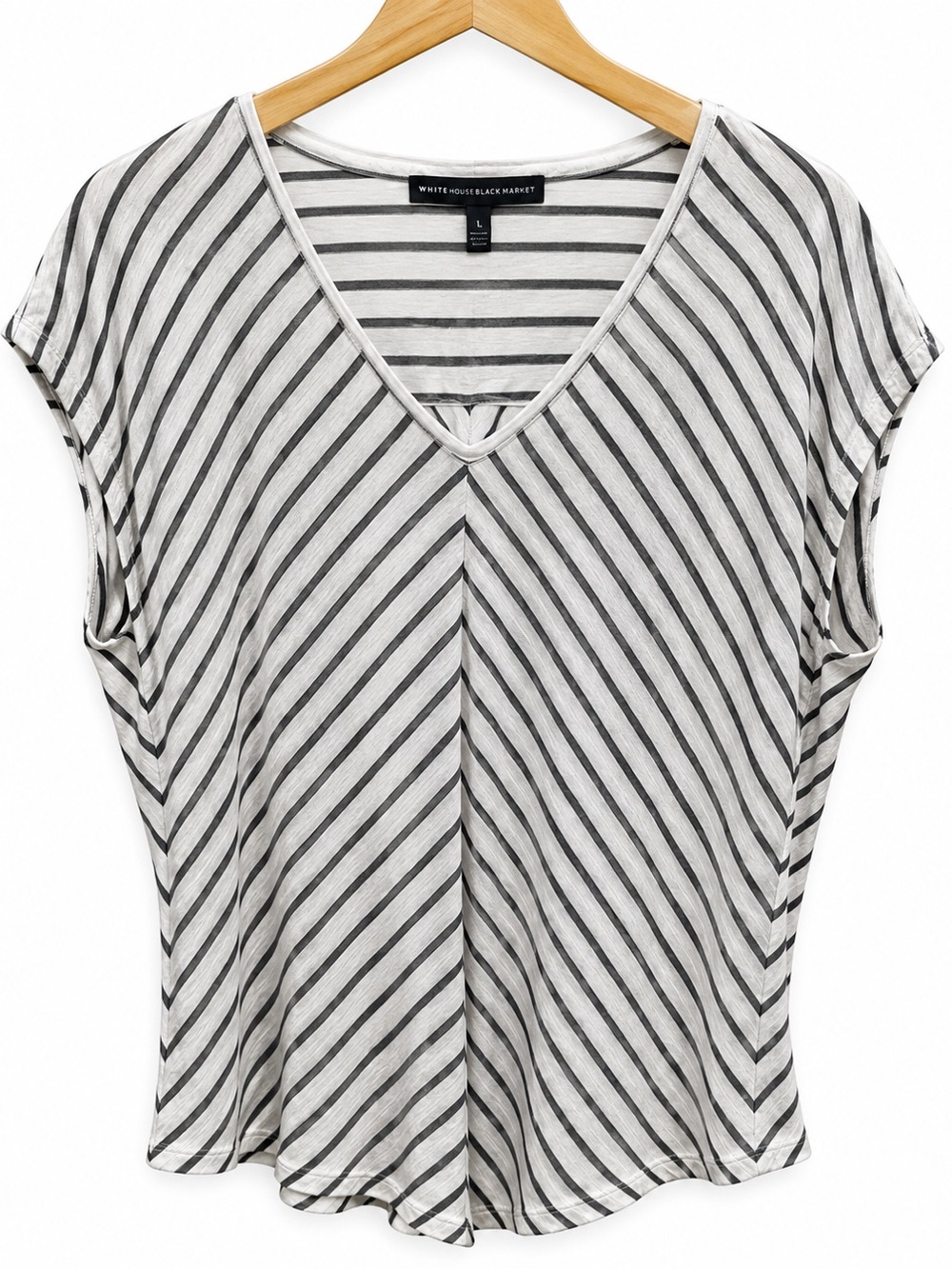 White House Black Market Black & White Diagonal Stripe V-Neck Tee